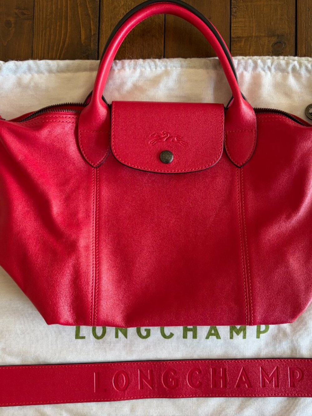 Longchamp Le Pliage Red Leather Bag — EUC